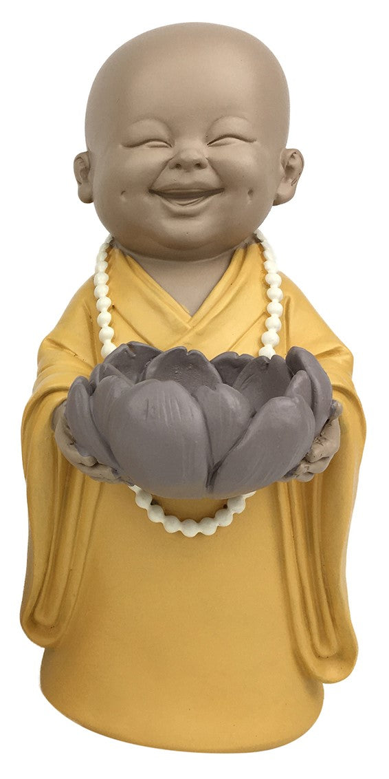 SilkySoleil™ smiling Buddhist monk statue, candle holder